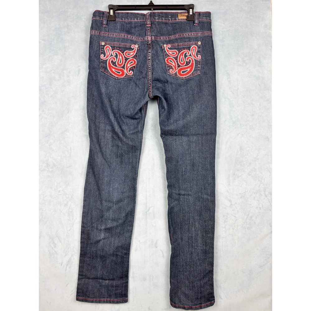 G-Tton Jeans Dark Wash Red Contrast Stitch Paisley Embroidered Size 9/10 GP957
